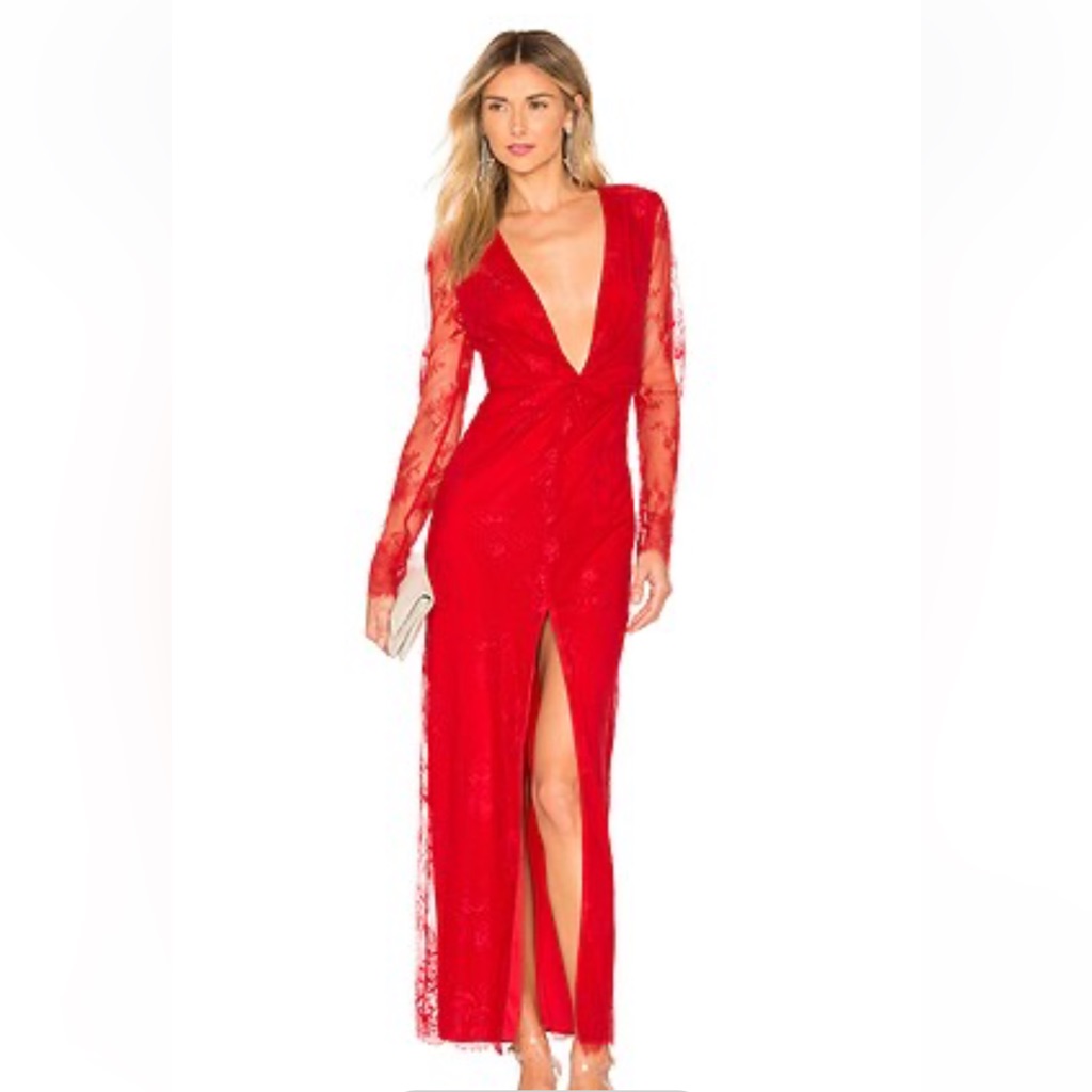 Majorelle Red Long Sleeve V-Neck Maxi Dress With Front Slit
